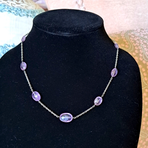 Sterling Silver Hallmarked Amethyst Cable Chain Station Necklace - Picture 1 of 7